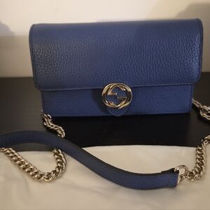New Gucci Dollar GG Blue Leather Crossbody Wallet Chain Bag